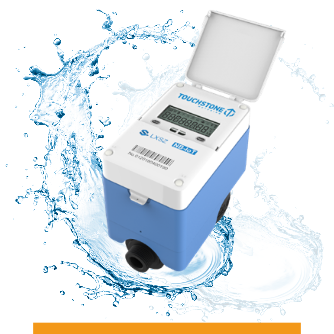 A blue and white water meter with the lid open