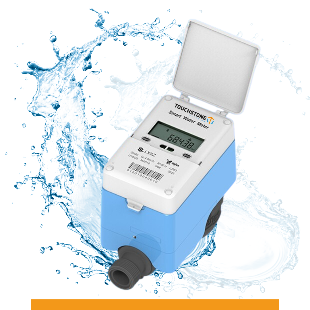 A water meter with the lid open and water splashing around it