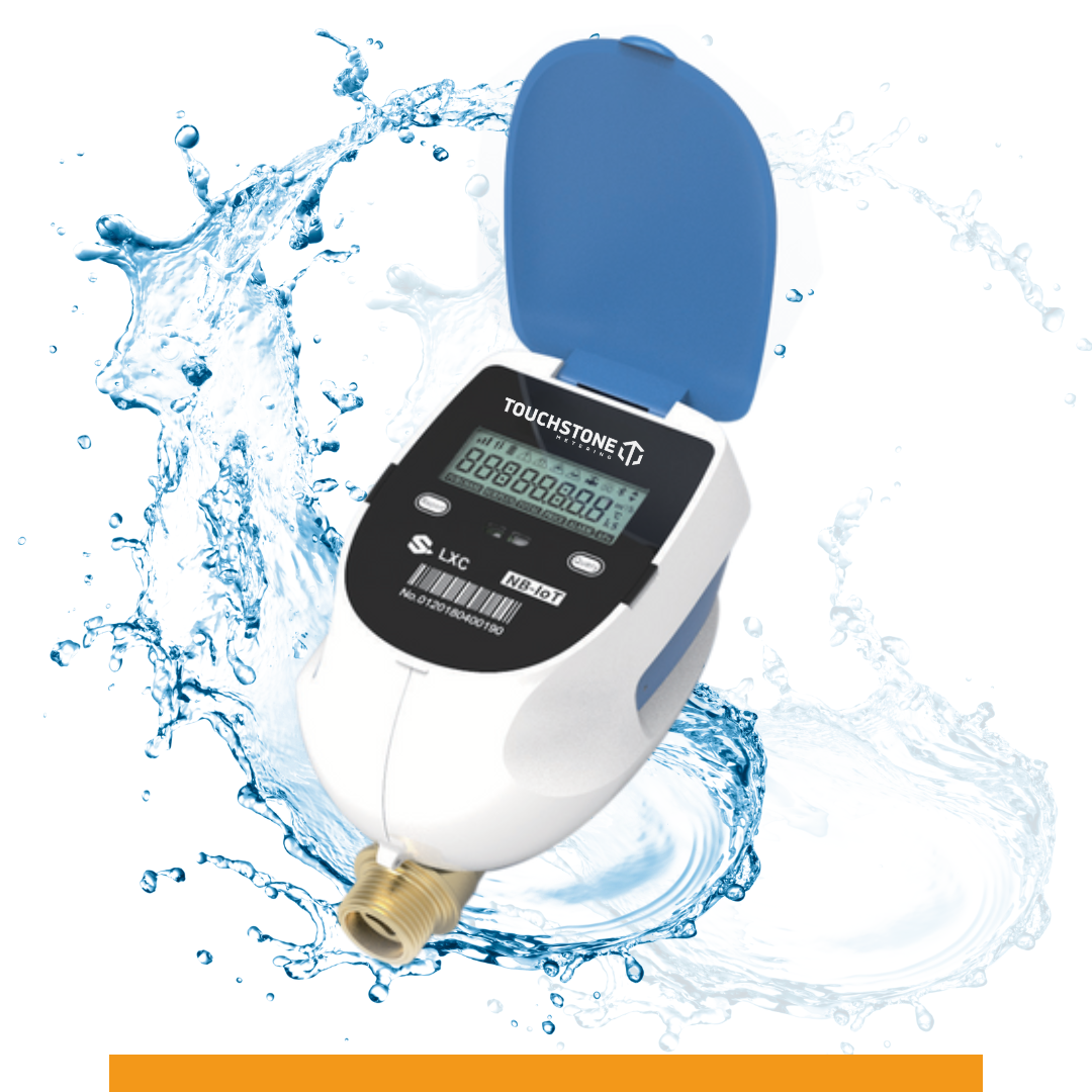 A water meter with the lid open is surrounded by water splashes.