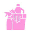 Pink cleaning spray bottles and a cloth in a bucket icon