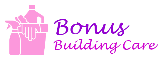 Pink building care logo with house and hand icon, purple text reading “Bonus Building Care”
