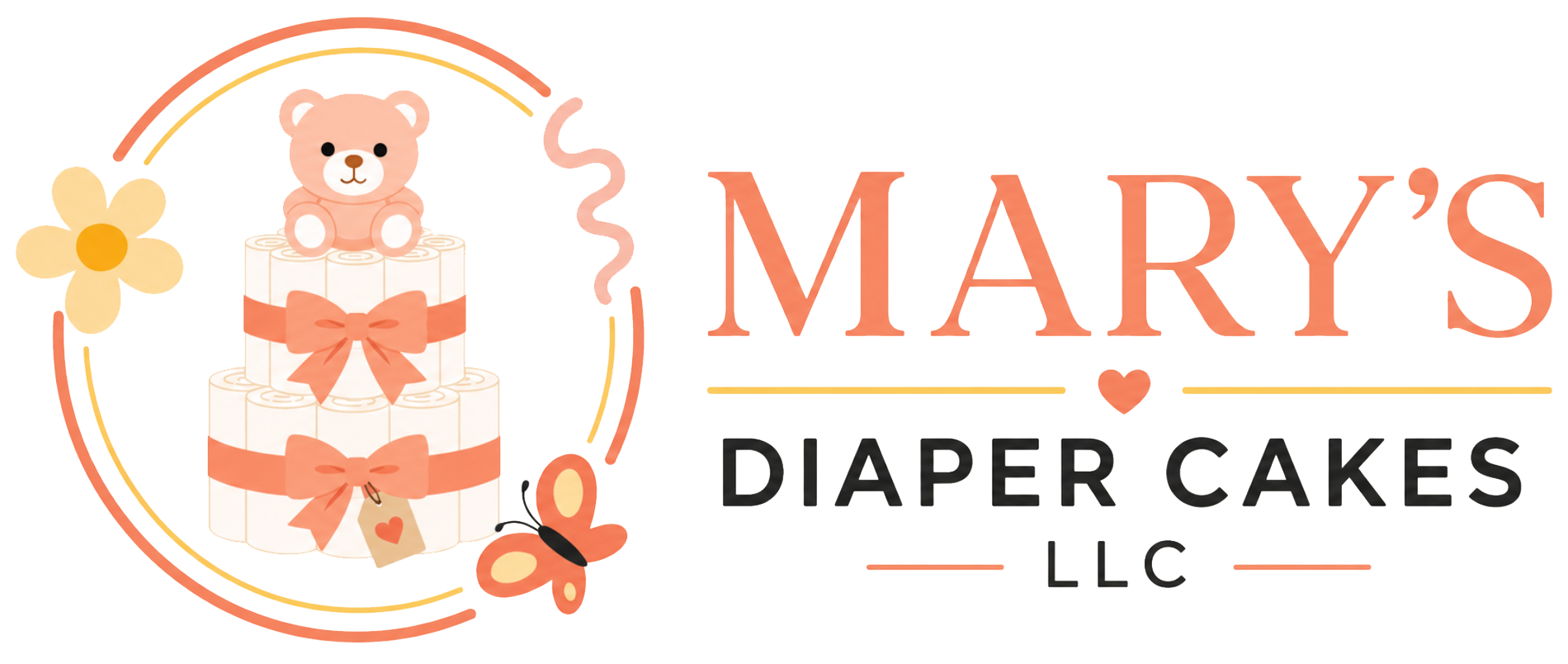 Logo for Mary's Diaper Cakes LLC with a teddy bear cake in peach and white