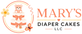 Logo for Mary's Diaper Cakes LLC with a teddy bear cake in peach and white