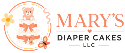 Logo for Mary's Diaper Cakes LLC with a teddy bear cake in peach and white