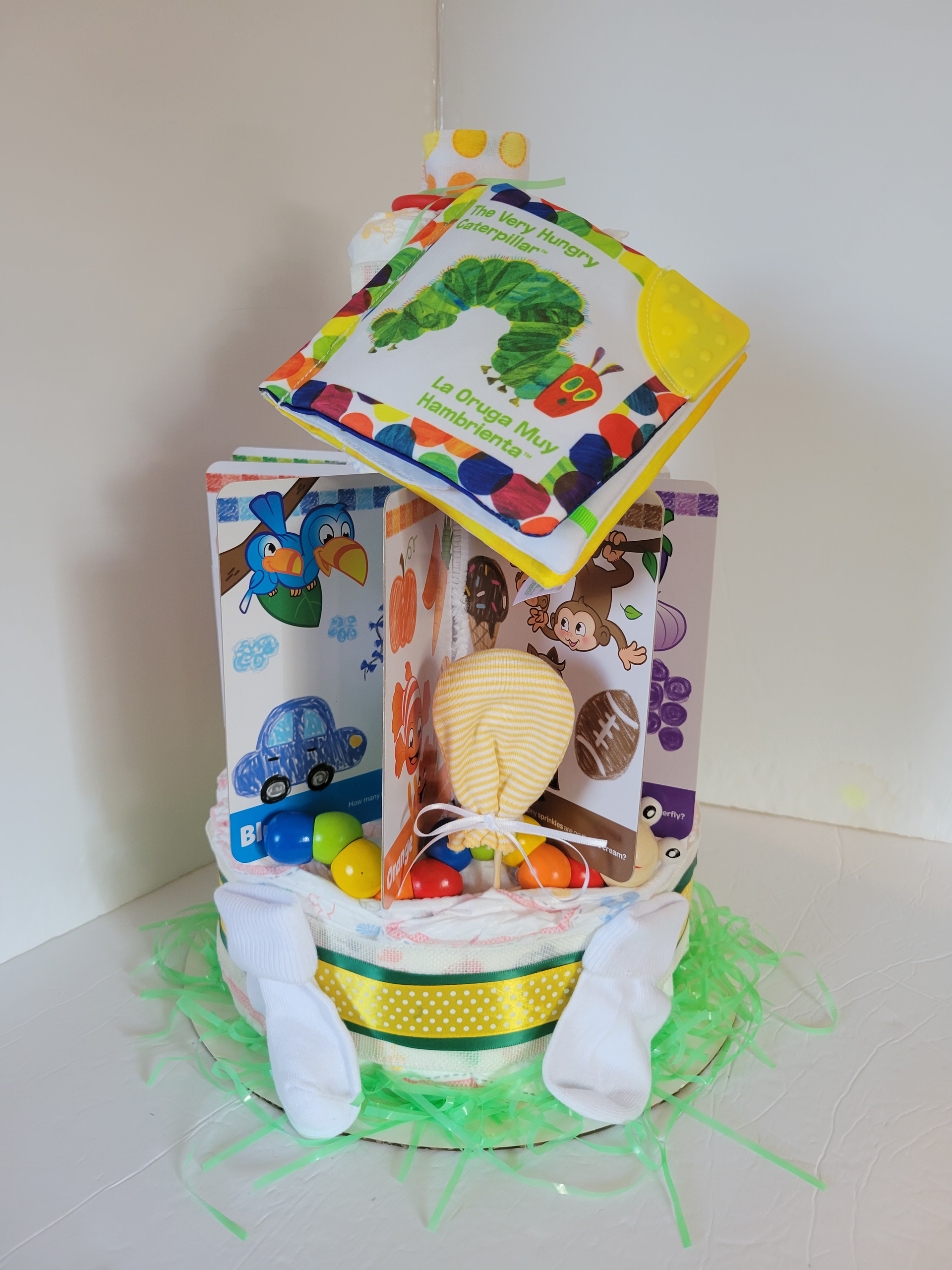 Colorful handmade Easter basket display with chicks, eggs, and bunny-themed decorations