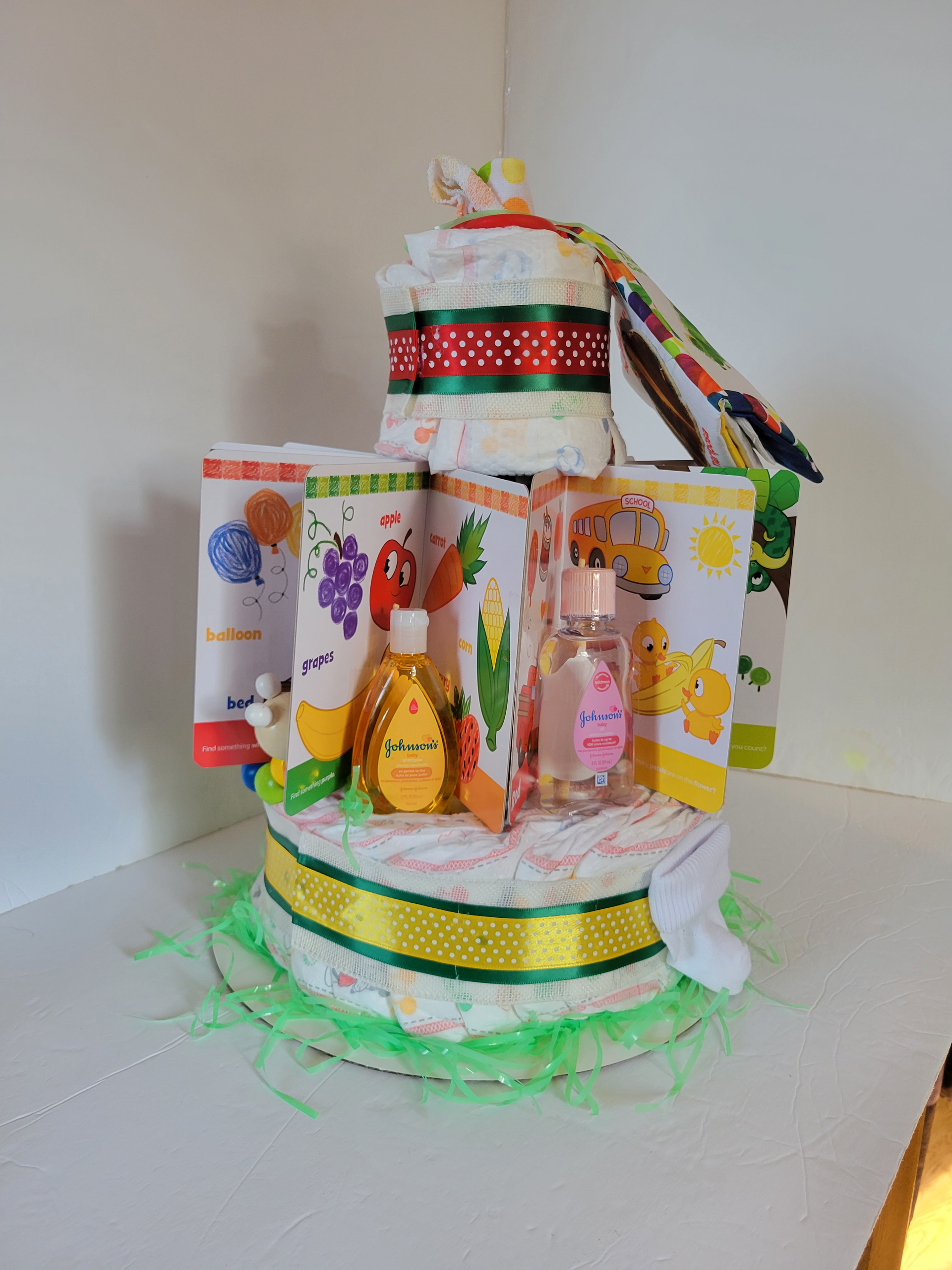 Colorful handmade Easter basket display with chicks, eggs, and bunny-themed decorations