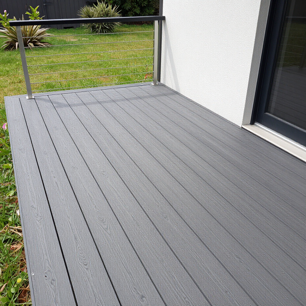 “Finished gray backyard deck with a clean railing and open yard space built by deck builders in Hampton, VA”