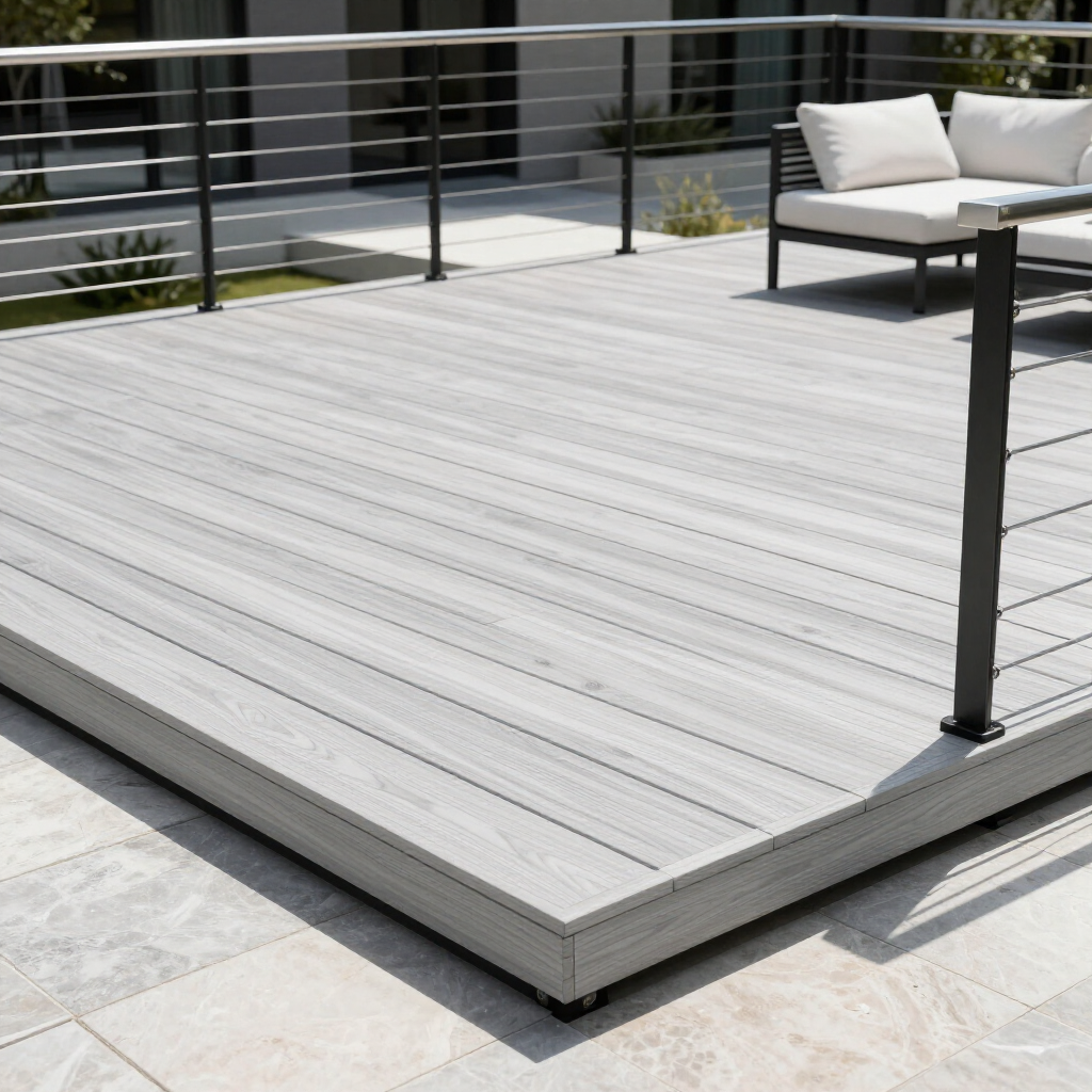 “Modern gray composite deck with black railing, outdoor sofa, and clean board lines by deck builders in Hampton, VA”