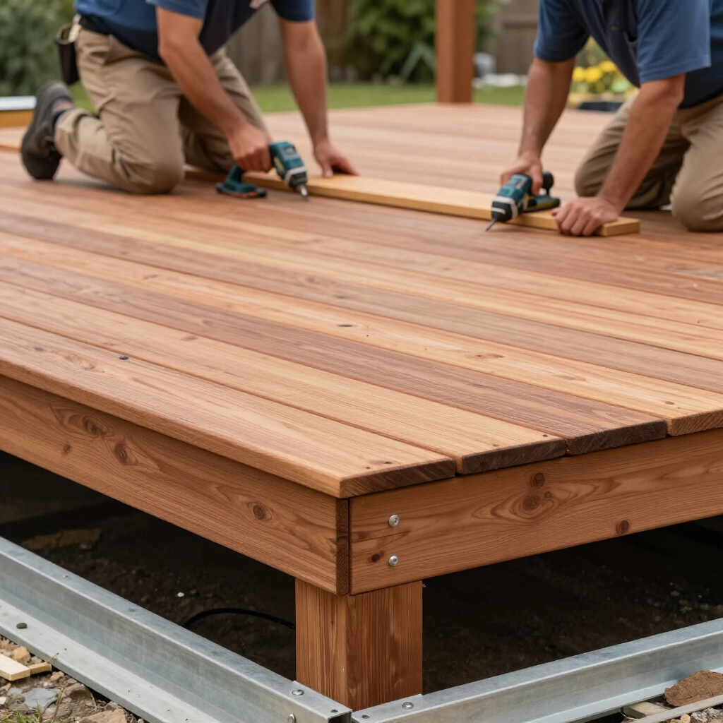 “Workers fastening warm wood deck boards with power tools during a backyard deck project by deck builders in Hampton, VA”