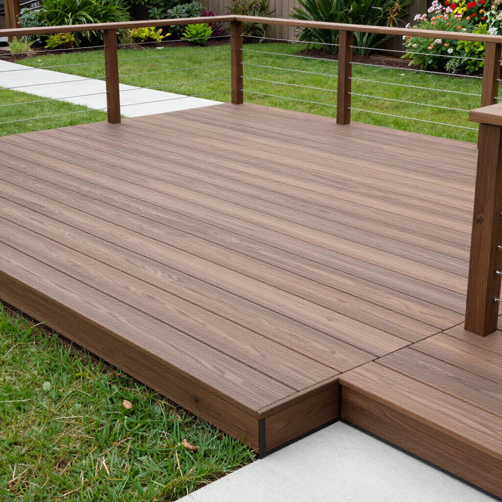 “Brown deck surface with sturdy railing overlooking a green yard after work by deck builders in Hampton, VA”