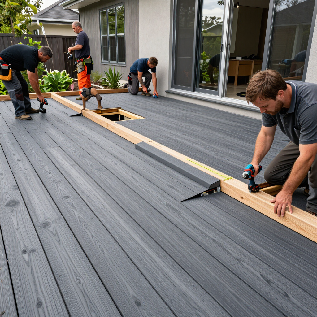 “Crew installing gray deck boards outside a home with large glass doors during a project by deck builders in Hampton, VA”