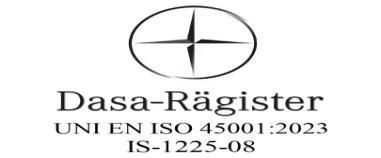 Logo di certificazione Dasa-Rägister con testo ISO 45001:2023 e IS-1225-08