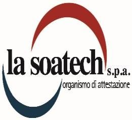 Logo di La Soatech SpA, con swoosh circolare rosso e blu e testo “organismo di attestazione”