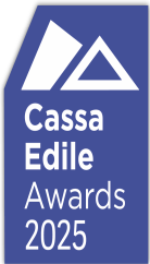 Logo blu dei Cassa Edile Awards 2025 con icona geometrica bianca e testo