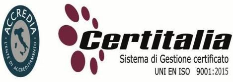 Logo di certificazione Certitalia con impronte di zampe color bordeaux e sigillo di accreditamento ISO 9001:2015