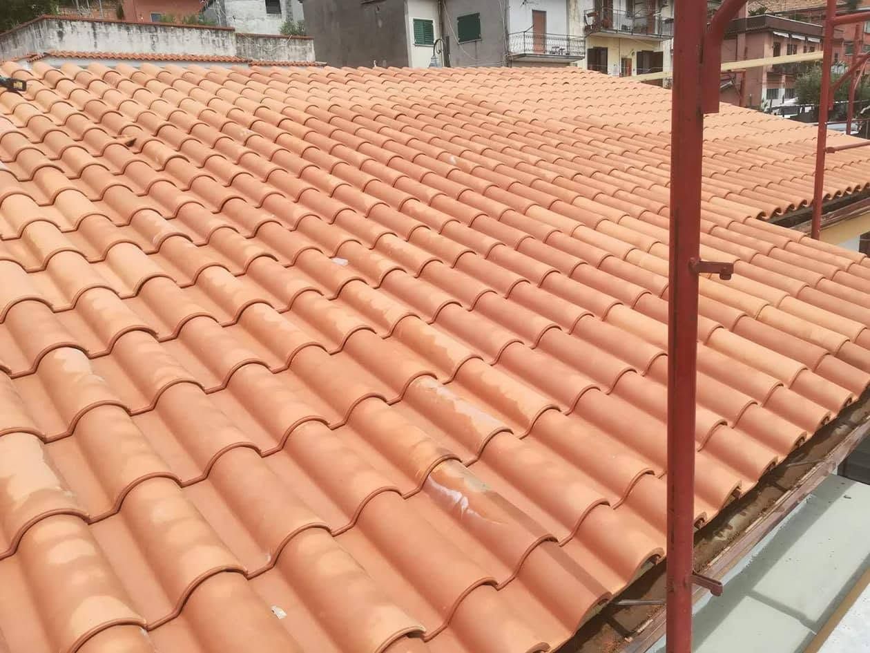 Tetto in tegole di terracotta con un palo di metallo rosso e edifici in lontananza sullo sfondo.