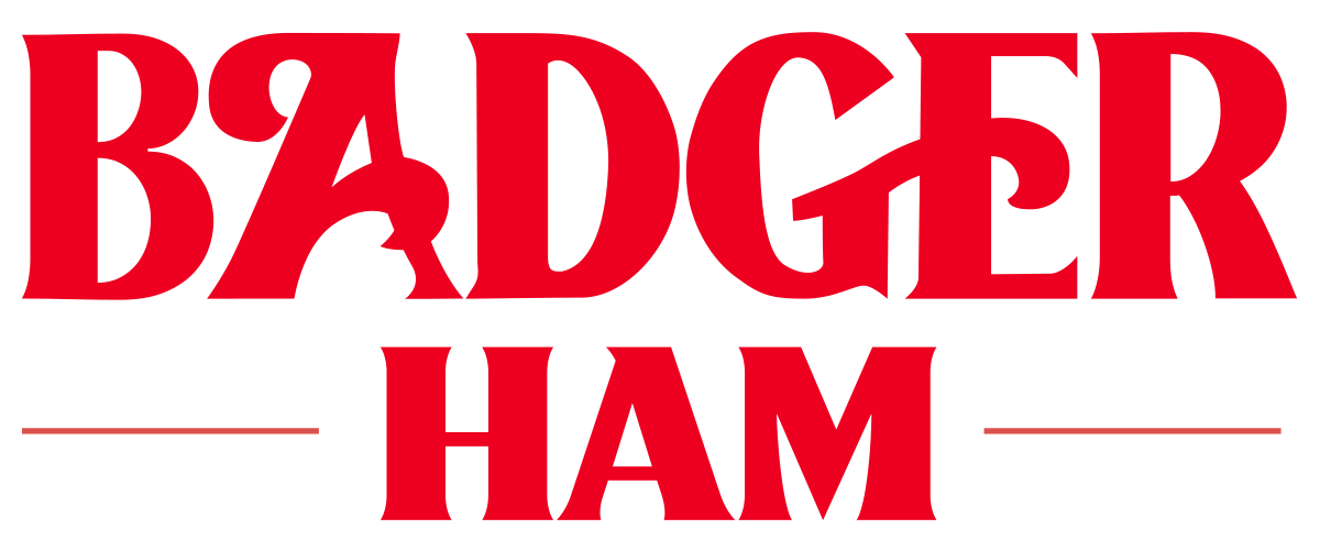 The badger ham logo is red on a white background.