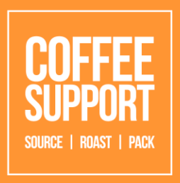 A logo for coffee support source roast pack