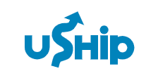 A blue logo for uship with an arrow pointing up.