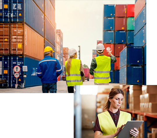 A woman in a yellow vest is using a tablet in a warehouse