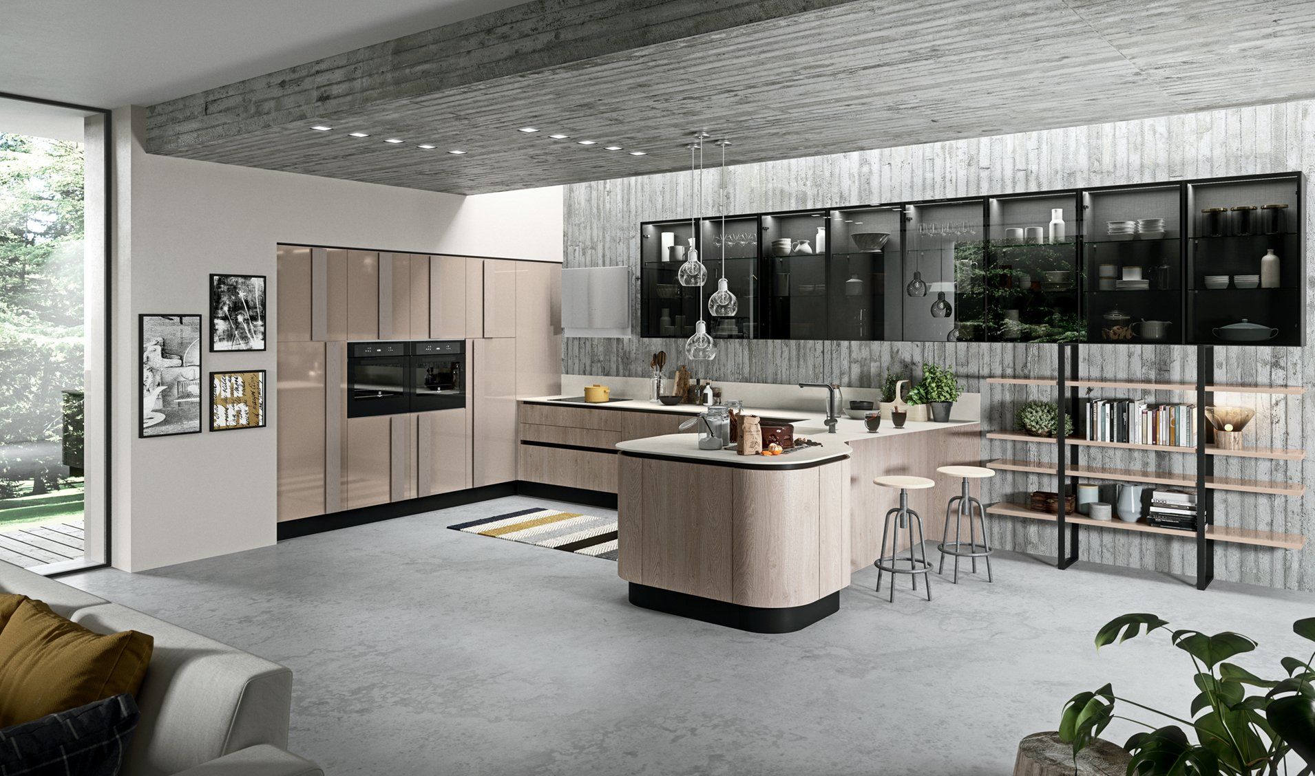 Cucina moderna con mobili in legno chiaro, dettagli neri, un'isola con sgabelli e mensole a vista su pareti grigie.