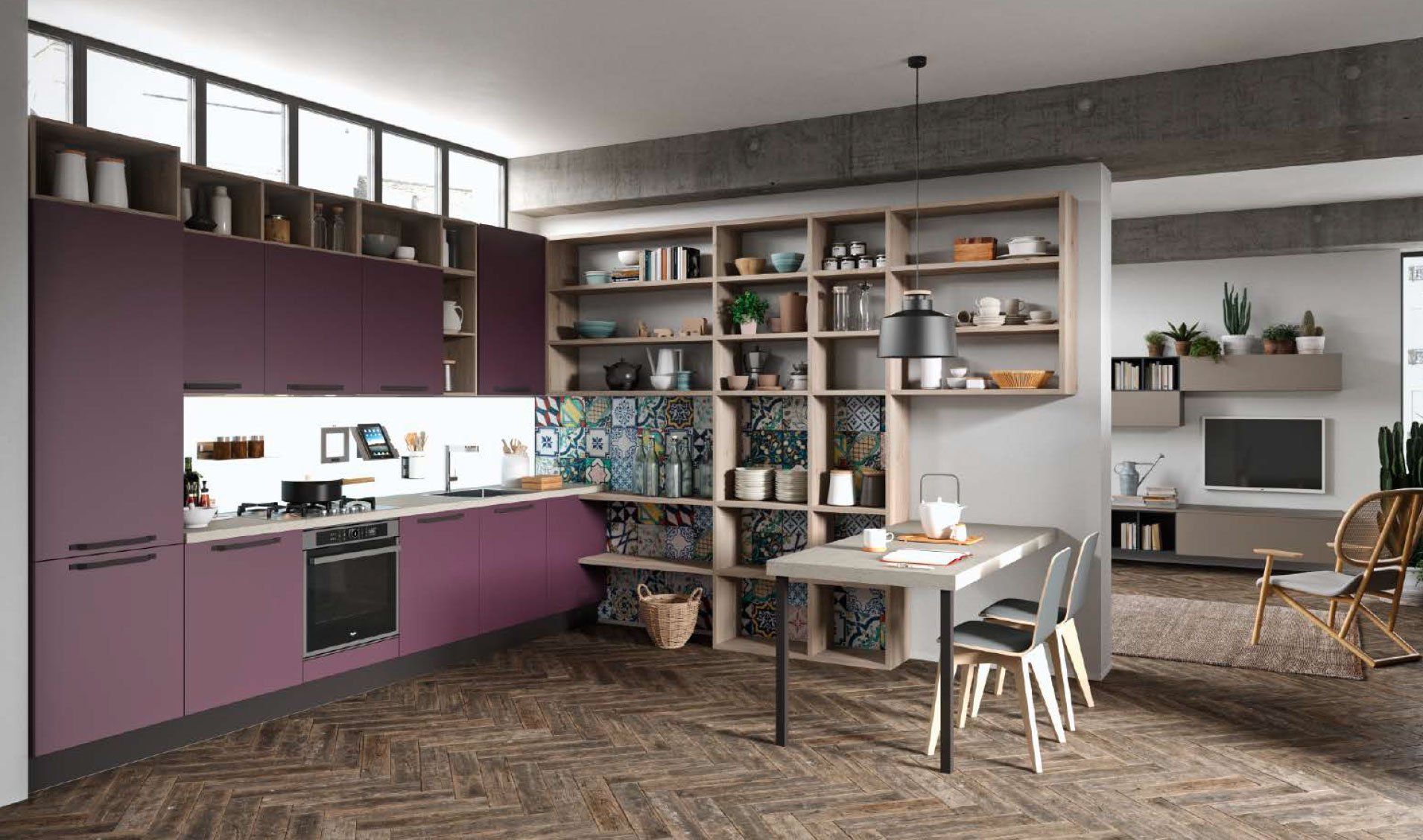 Una cucina moderna con mobili viola opaco, mensole in legno a vista, piastrelle a mosaico per il paraschizzi e una zona pranzo.