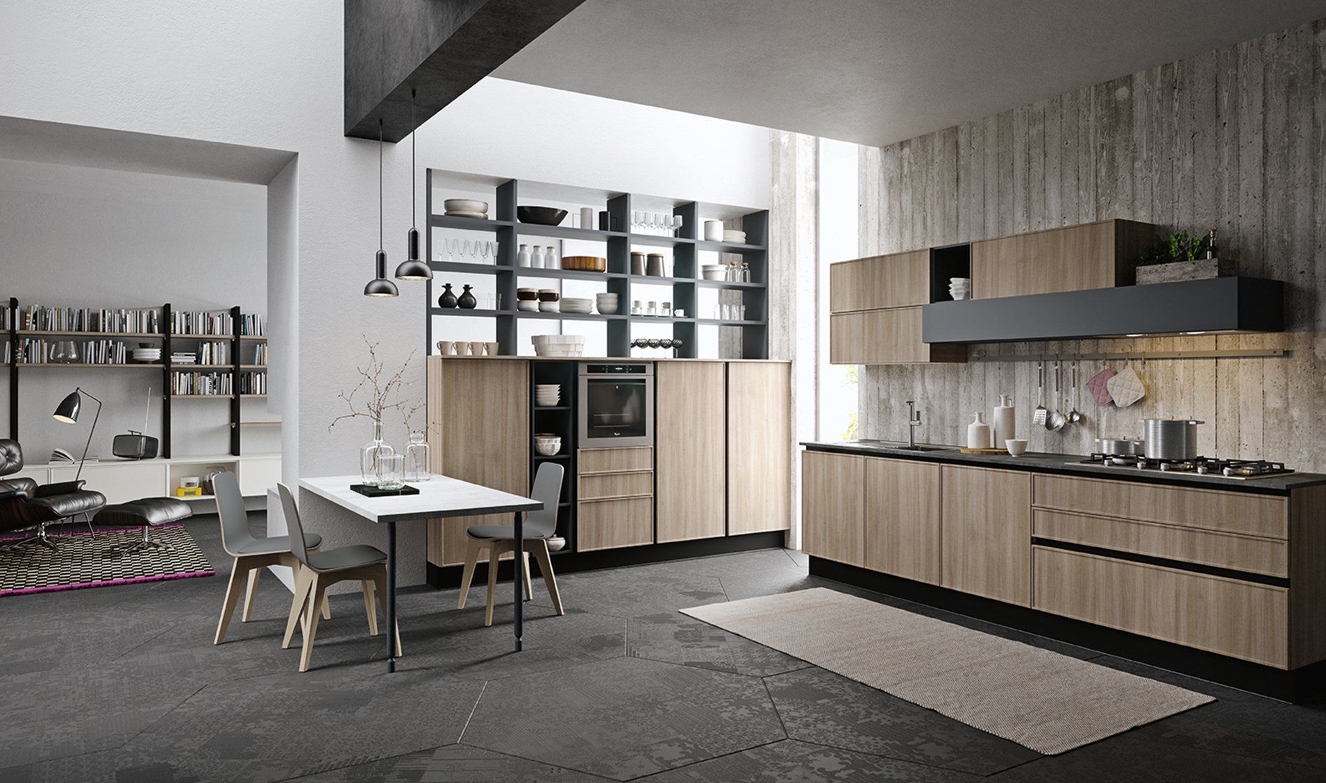 Una cucina moderna e minimalista con mobili in legno chiaro, mensole a vista, un tavolo da pranzo bianco e pavimento grigio scuro.