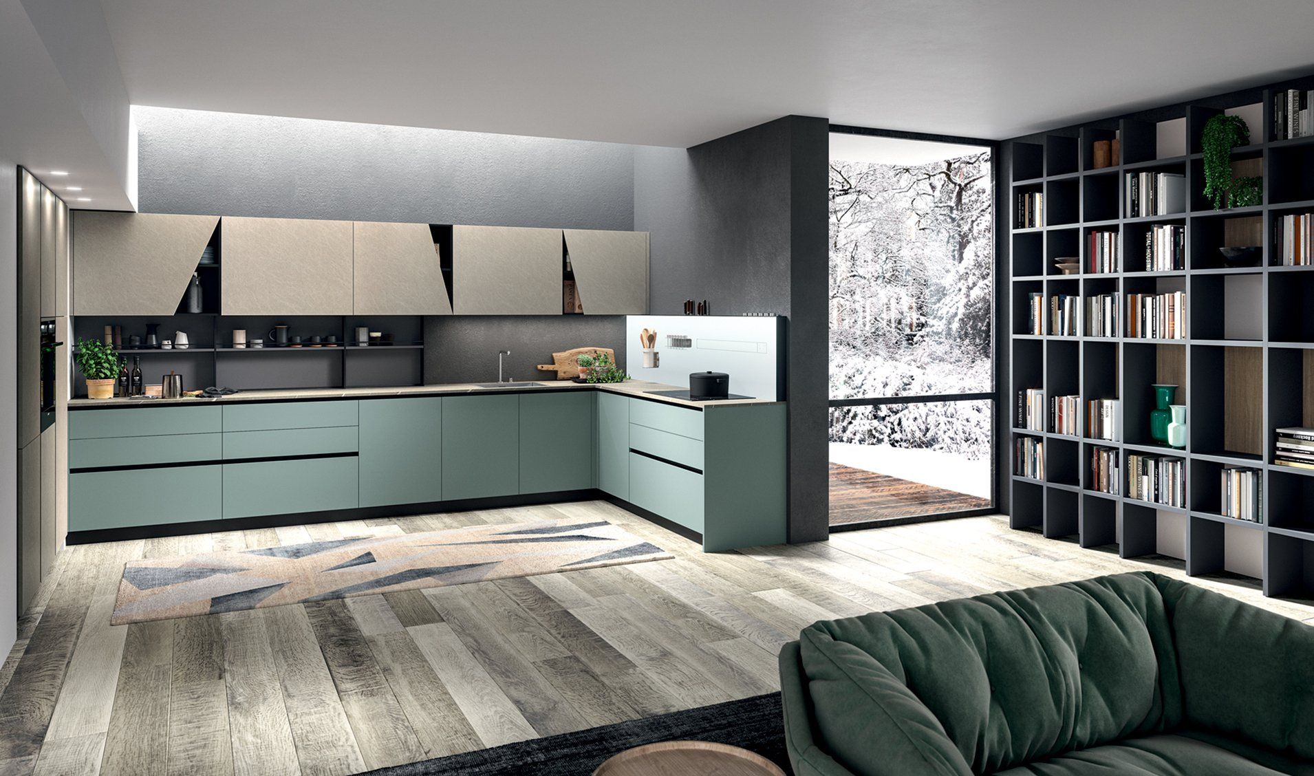 Una cucina moderna con mobili verde salvia, pavimento in legno chiaro e una grande libreria a vista, vista dal soggiorno.