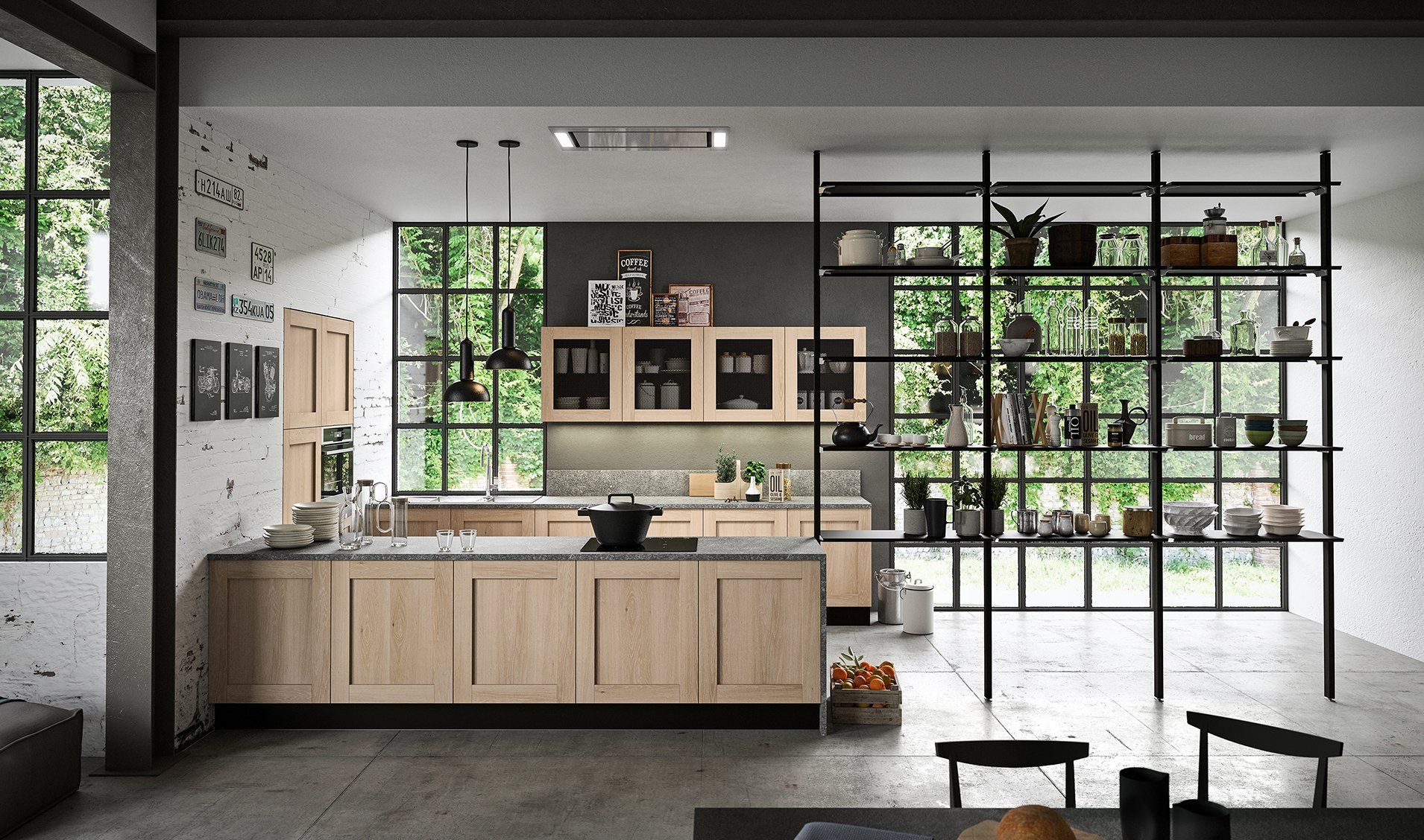 Cucina moderna con mobili in legno chiaro, mensole scure e ampie finestre in stile industriale in una stanza luminosa e spaziosa.
