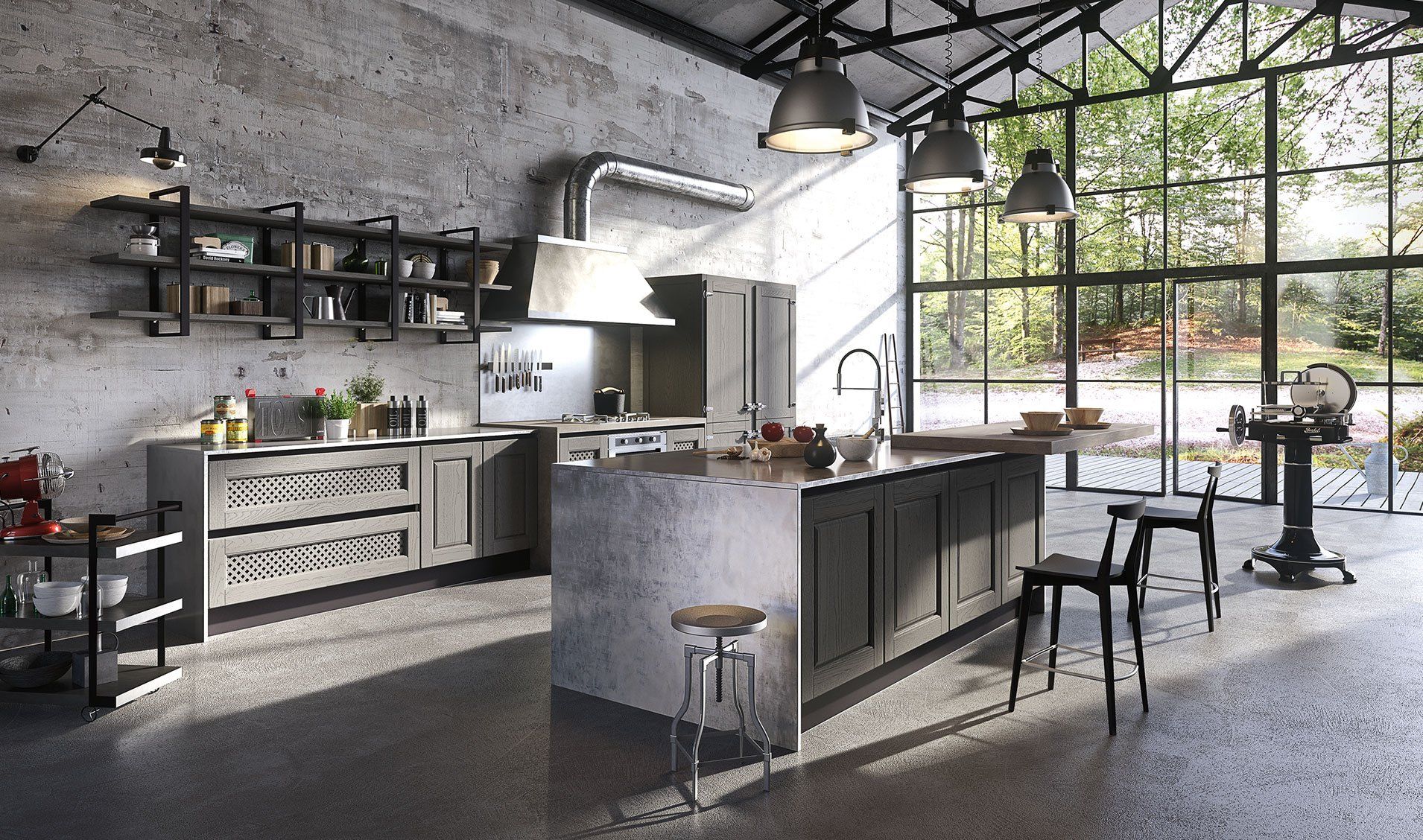 Una moderna cucina in stile industriale con mobili grigi, isola in pietra, pareti in cemento e ampie vetrate a tutta altezza.