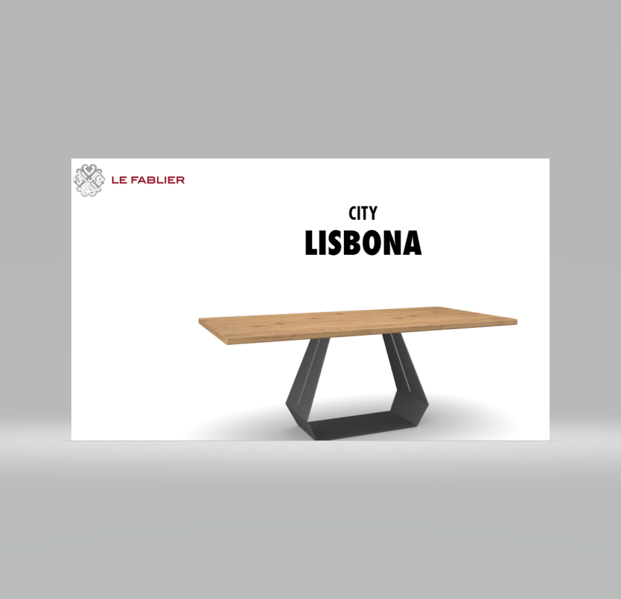 Un tavolo Le Fablier City Lisbona caratterizzato da un piano rettangolare in legno chiaro su una base geometrica in metallo scuro.