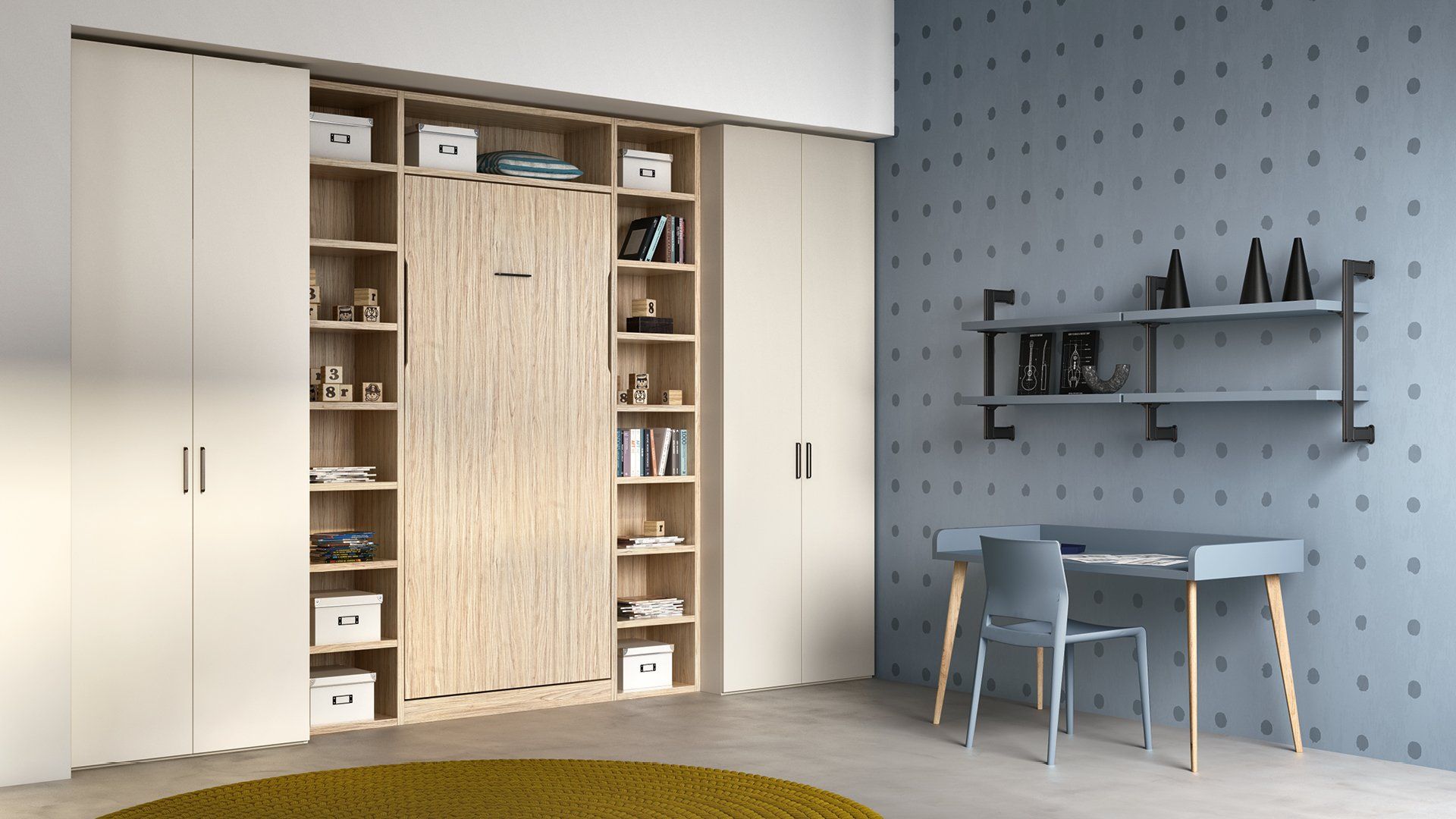 Una stanza caratterizzata da un mobile contenitore a tutta parete con un letto a scomparsa centrale, armadietti laterali, scaffali e una zona scrivania.