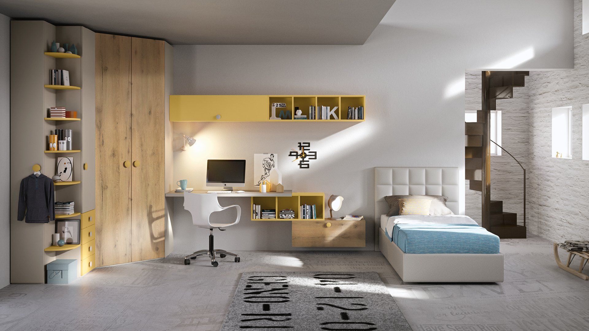 Una camera da letto moderna con mobili in legno chiaro, una scrivania, una mensola a muro gialla, un letto singolo e un tappeto grigio.