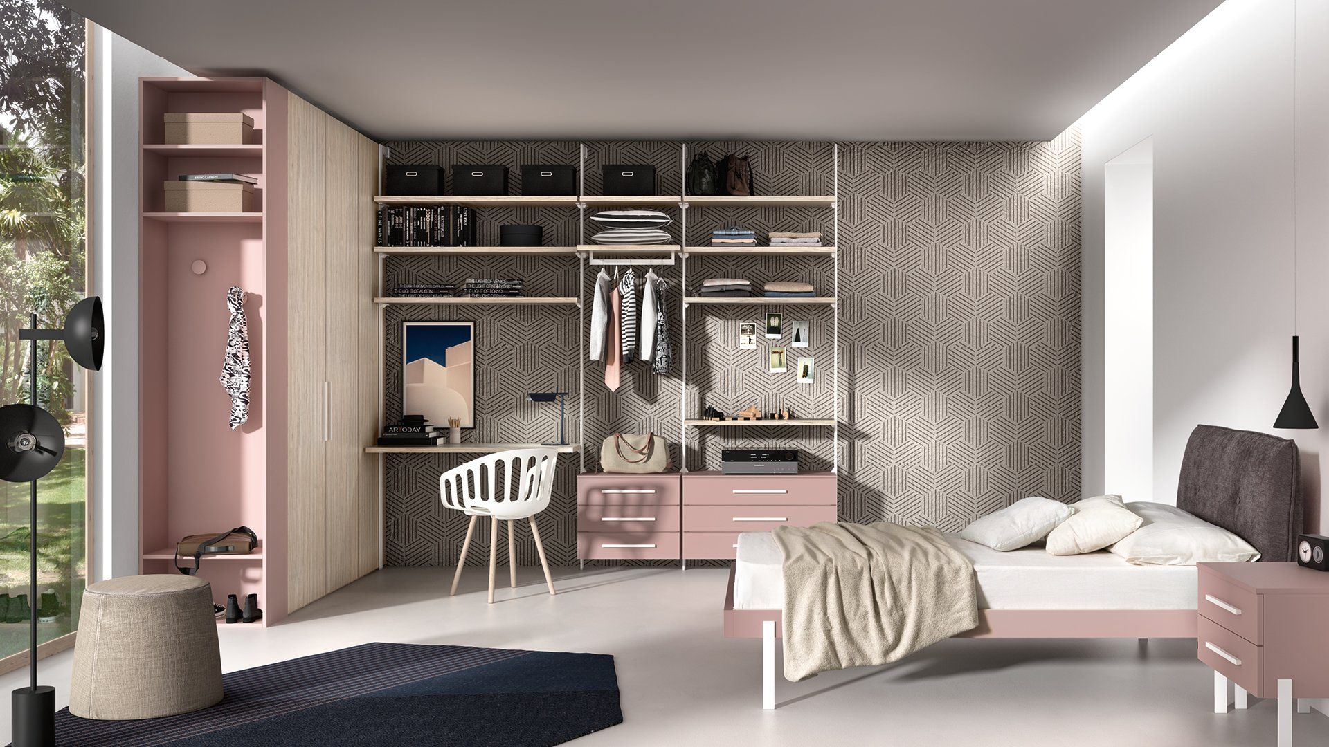 Una camera da letto moderna con armadio in legno chiaro, scrivania integrata, mensole, letto con testiera grigia e pareti decorate.