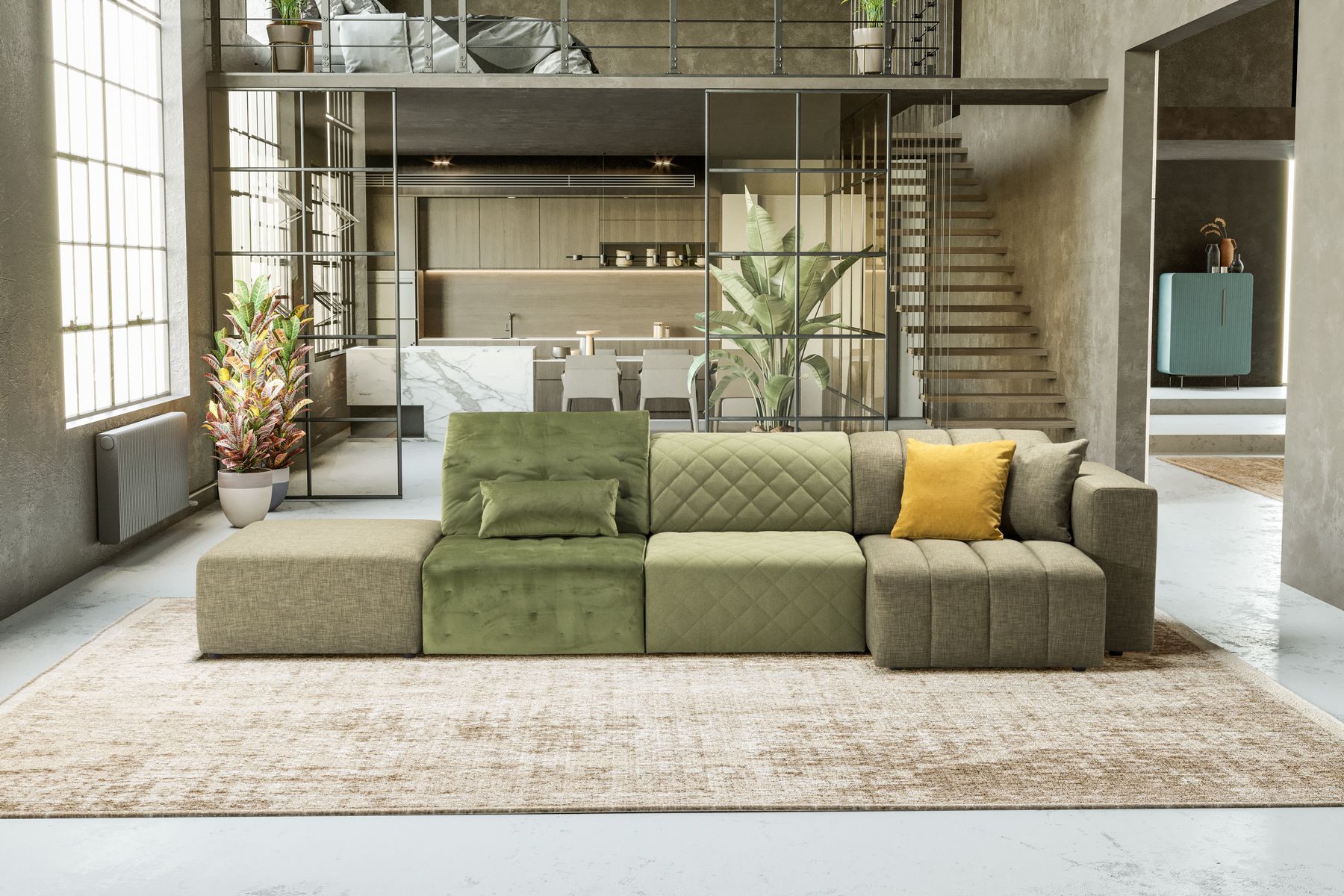 In una spaziosa stanza in stile industriale con angolo cottura, un divano modulare verde con cuscino giallo poggia su un tappeto dalla texture particolare.