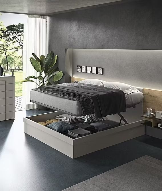 Camera da letto moderna con una struttura letto grigia che si solleva per rivelare un vano contenitore, una grande pianta da interno e decorazioni dai toni neutri.