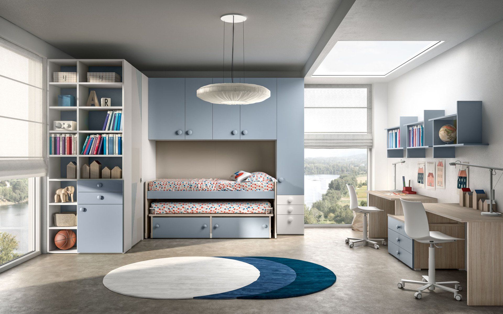 Una camera da letto moderna con un letto estraibile blu, scaffali a muro, scrivanie e un tappeto circolare blu e bianco.