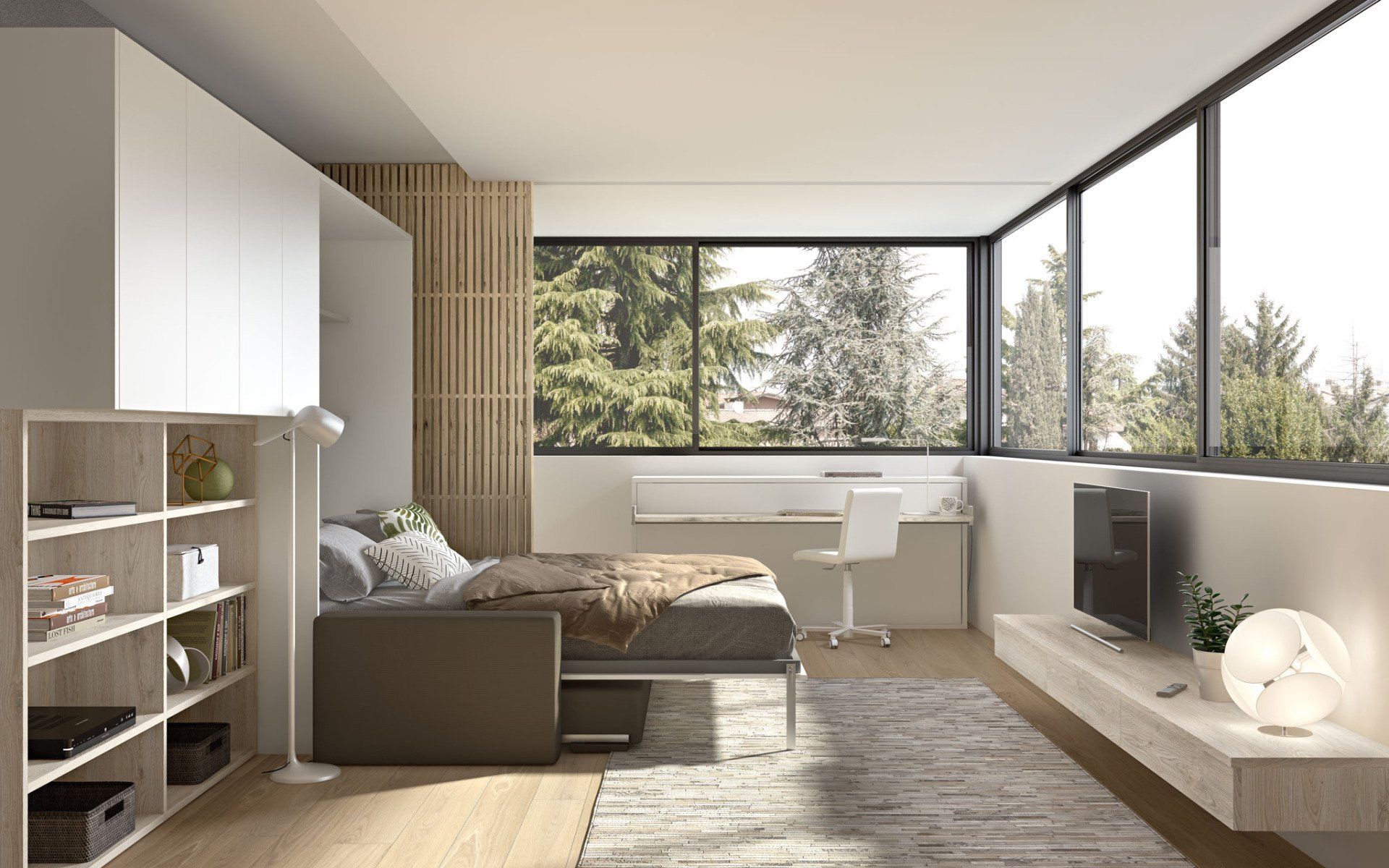 Una camera da letto monolocale moderna e minimalista, dotata di letto, scrivania accanto a un'ampia finestra, libreria e mobile TV a parete.