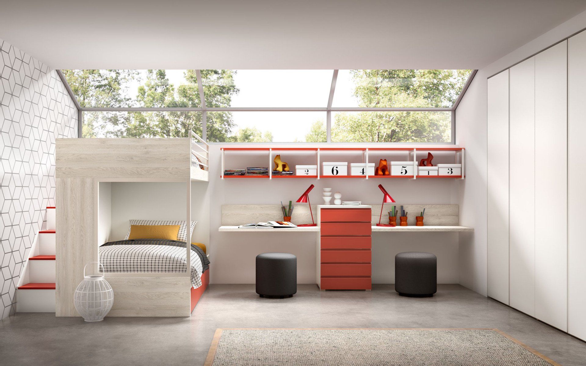 Una moderna cameretta per bambini con letto a soppalco, scrivania, cassetti rossi, mensole a muro e un grande armadio.
