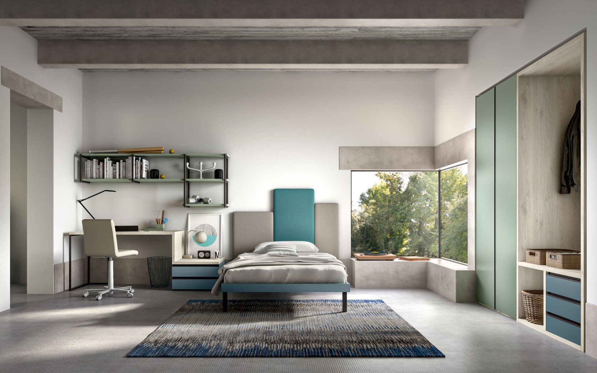 Una camera da letto moderna con letto singolo, scrivania, mensole a vista e armadio, caratterizzata da una palette di colori verde acqua e grigio chiaro.