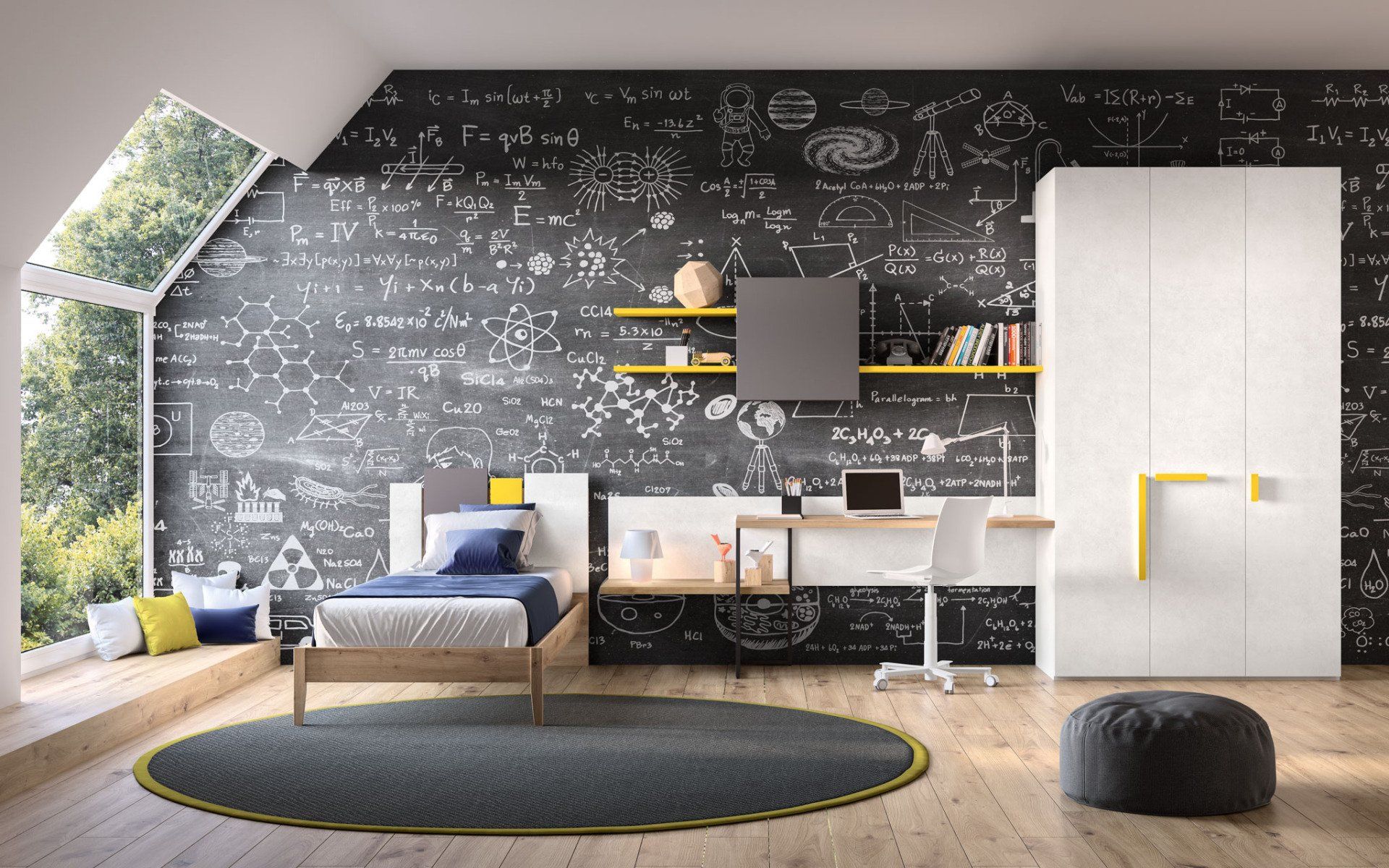 Una camera da letto moderna con letto, scrivania e armadio bianco su una parete nera ricoperta di disegni matematici in stile gesso bianco.