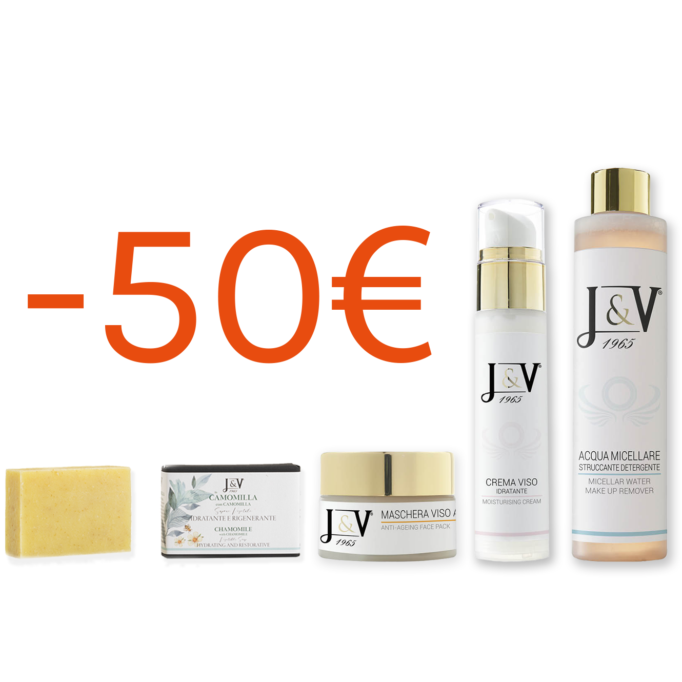 Un'immagine promozionale per i prodotti per la cura della pelle J&V 1965 con uno sconto di 50€, che mostra quattro articoli per la cura della pelle.