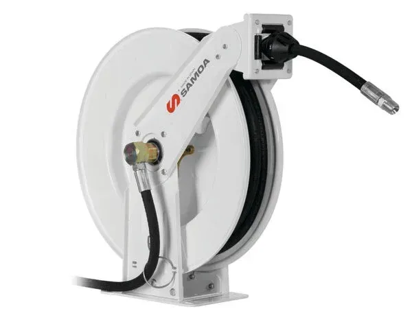 White Samoa Hose Reel With Black Hose — North Queensland Independant Fuel Services in Slade Point, QLD