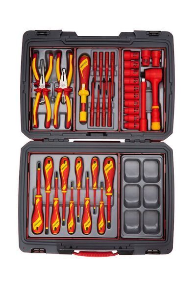 Open Toolbox With Red and Yellow Insulated Electrical Tools — North Queensland Independant Fuel Services in Slade Point, QLD