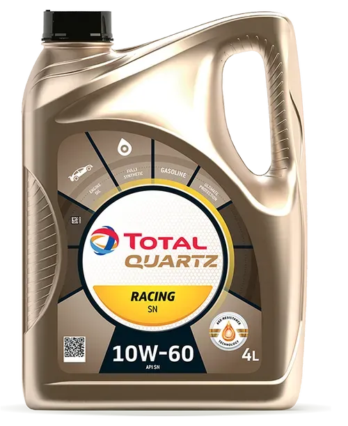 Total Quartz Racing SN 10W-60 motor oil in a 4-liter golden container. The label includes the logo and specifications.