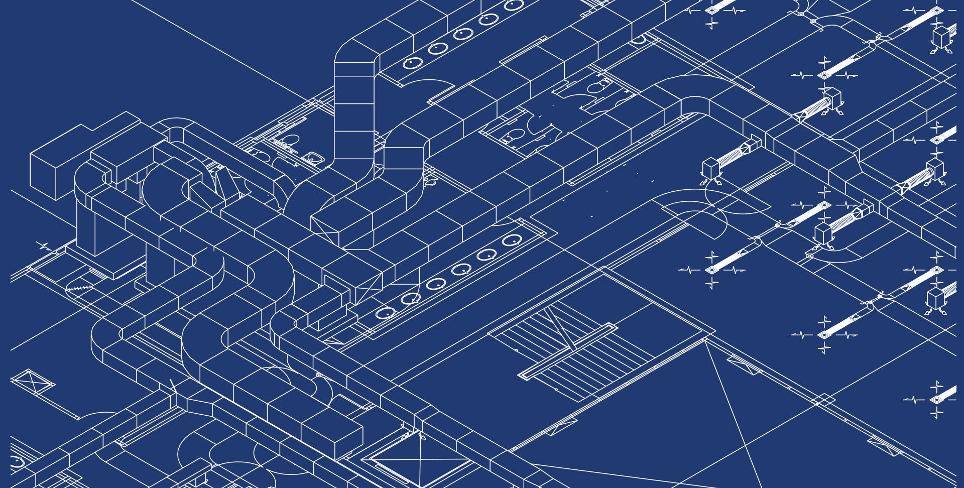 Blueprint-style architectural drawing in white lines on a blue background