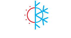 Red and blue sun-snowflake icon, split vertically with a red arc on the left and blue snowflake lines on the right