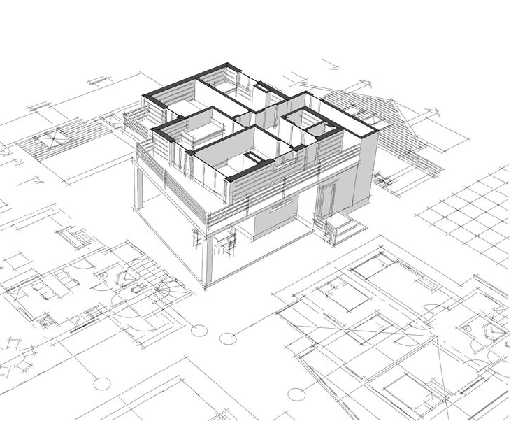 Architectural sketch of a modern house floor plan with a 3D cutaway view and blueprint drawings below