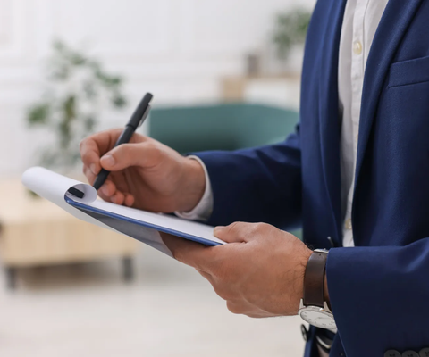 Person in blue suit writing on a clipboard in an office setting