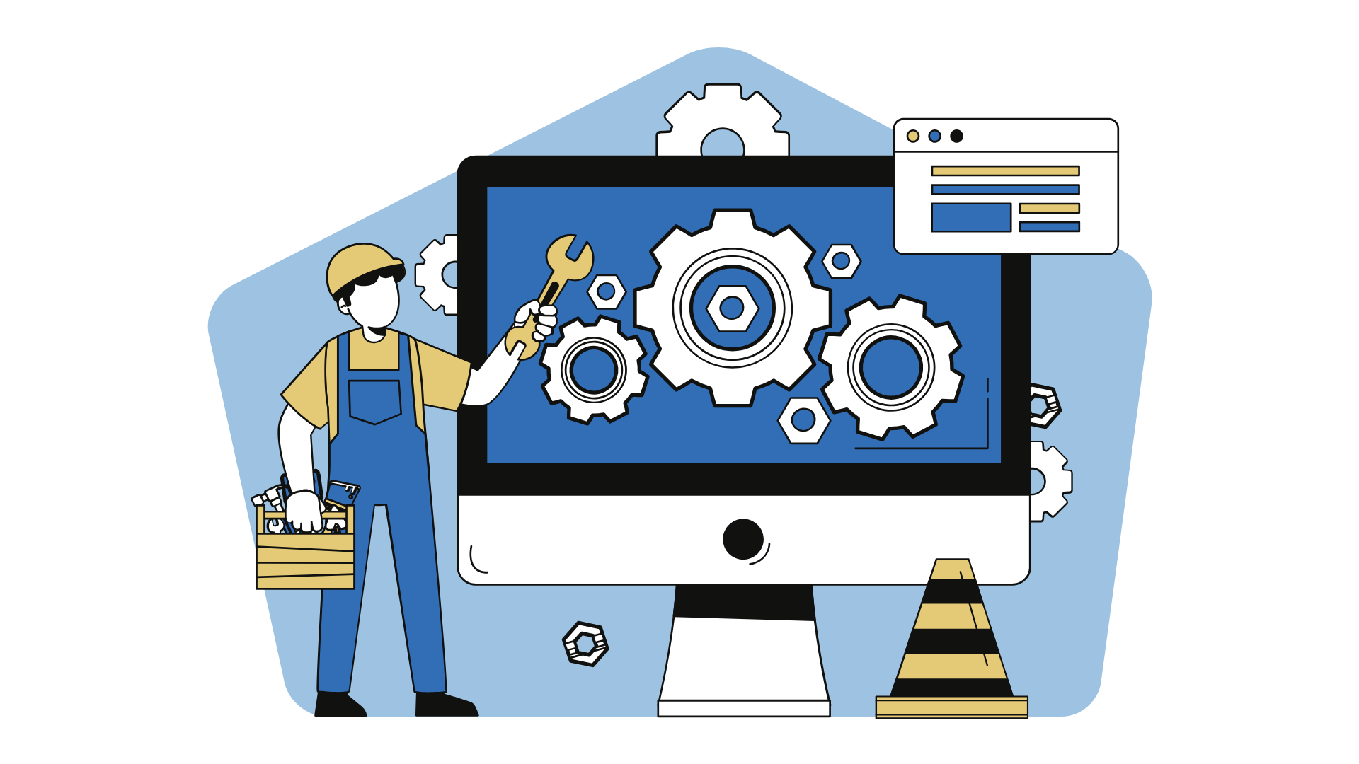 Technician beside desktop monitor with gears and tools, suggesting website or software maintenance